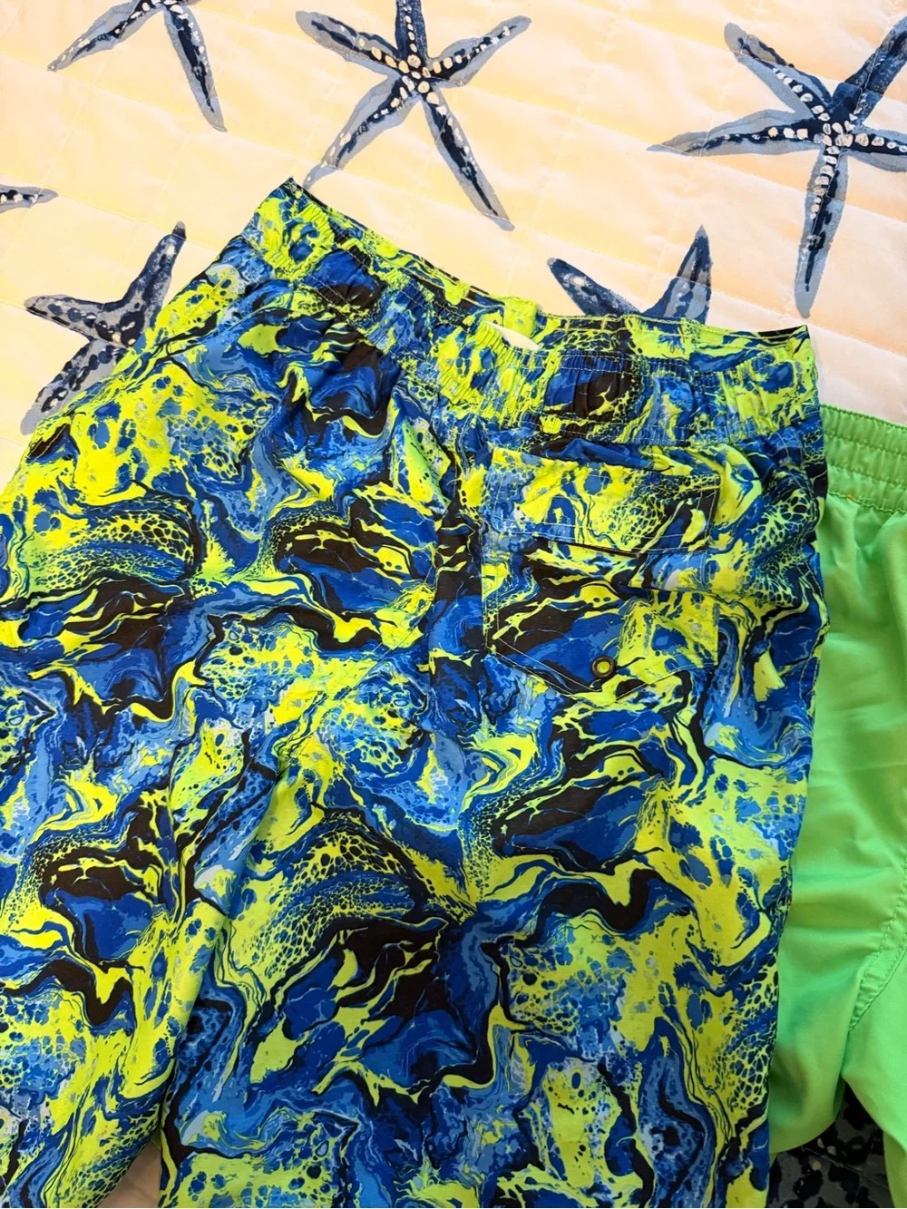 Ralph Lauren Neon Green Swim Shorts with Blue and Navy Patterned Trunks bodyglov